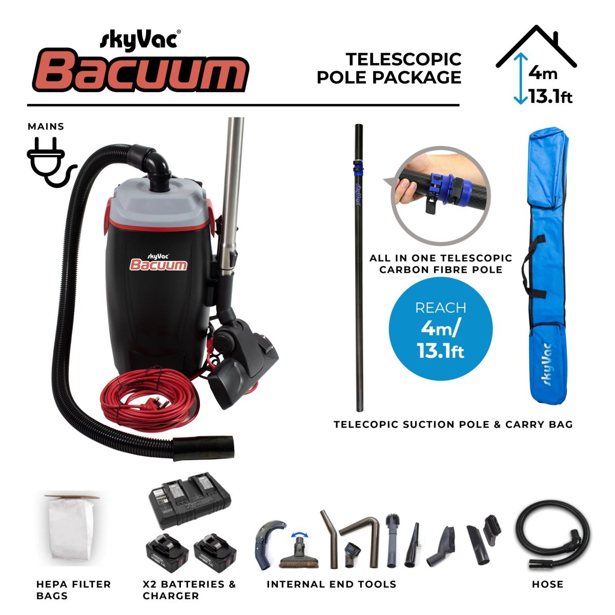 Item SkyVac® backpack vacuum cleaner kit 5.5m telescopic suction pole