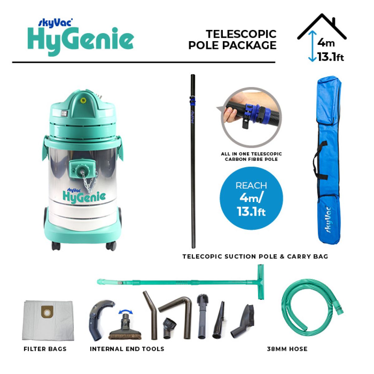 Skyvac® Hygenie 4M Telescopic Suction Pole Kit