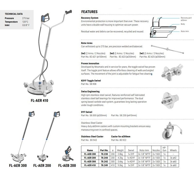 Mosmatic Surface Cleaner - 300mm with brush skirt and suction port 2x nozzles - 275 bar
