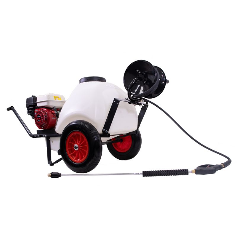 Item 120L wheelbarrow-mounted high-pressure cleaner with Honda engine 12 L/min 150 bars with 15 m hose reel